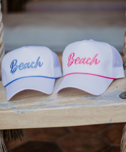 Beach Cursive White Trucker Cap with Rope