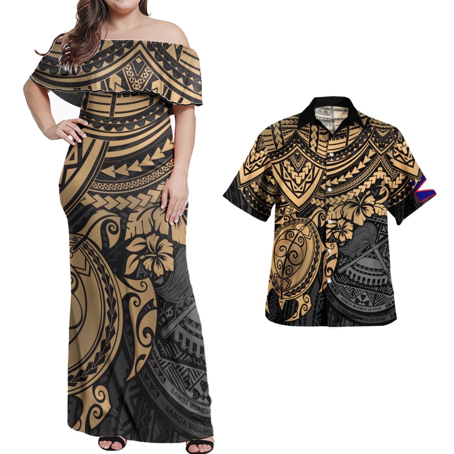 American Samoa Matching Dress And Hawaiian Shirt Polynesian Gold Turtle