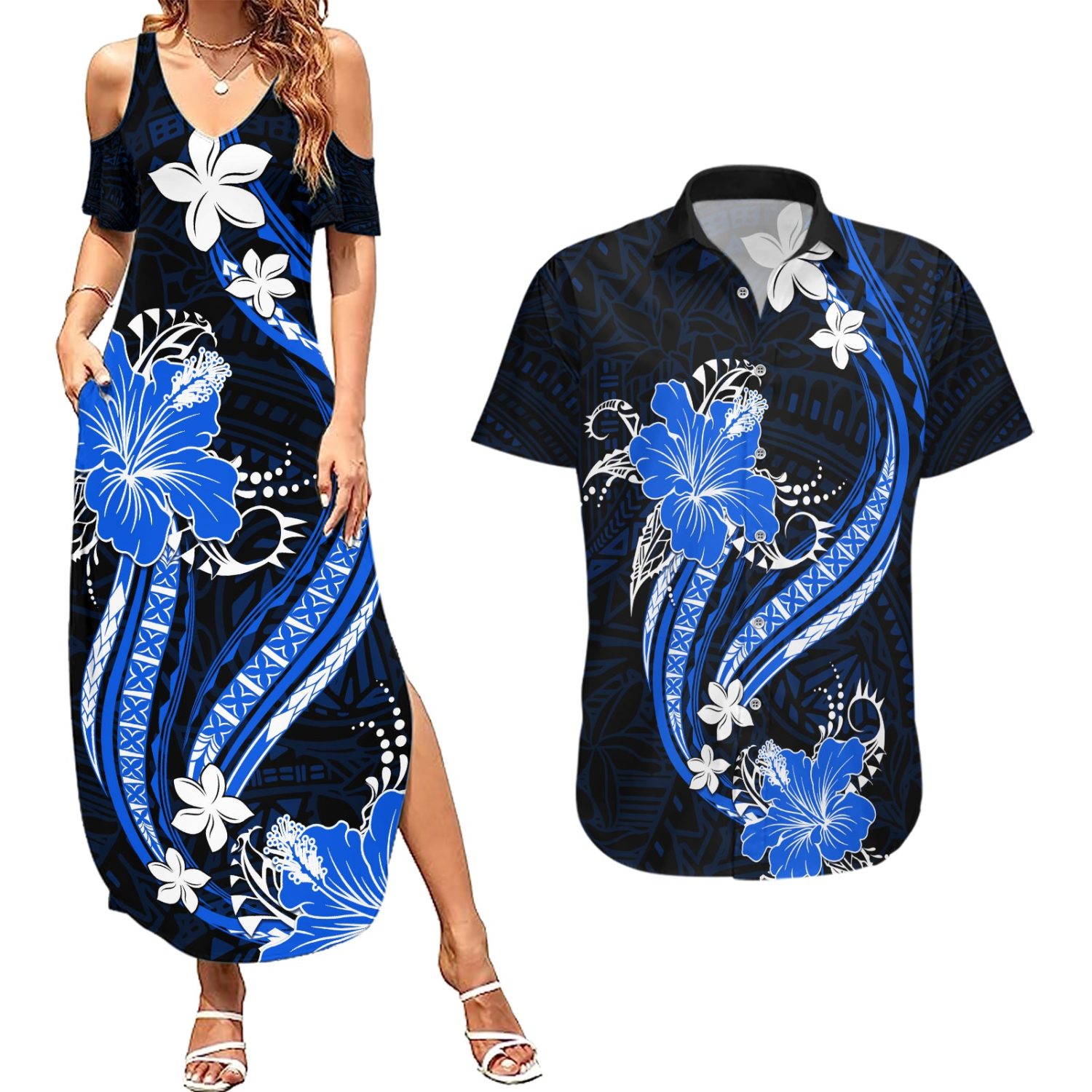Blue-polynesian-pattern-with-tropical-flowers-couples-matching-summer-maxi-dress-and-hawaiian-shirt