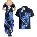 Blue-polynesian-pattern-with-tropical-flowers-couples-matching-summer-maxi-dress-and-hawaiian-shirt