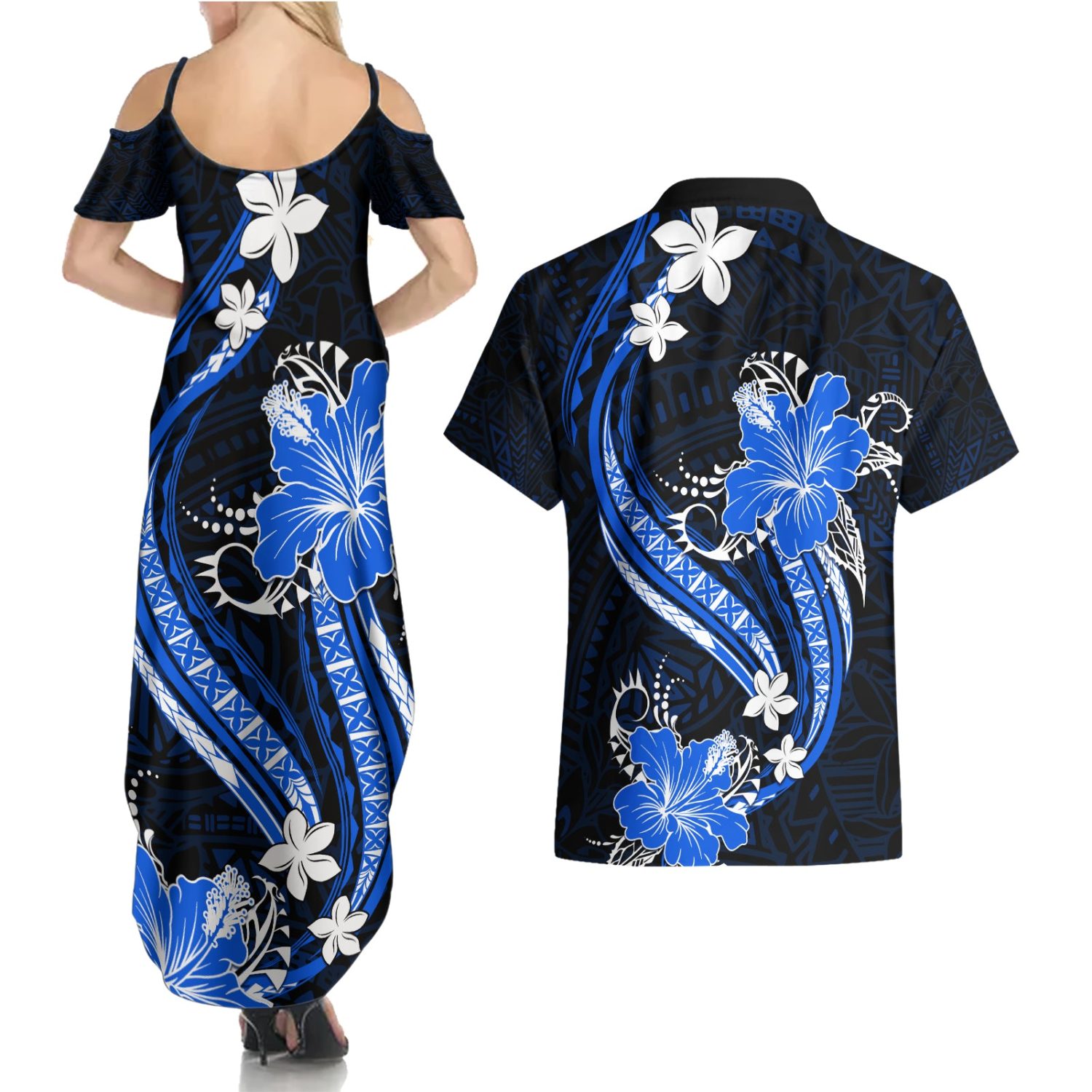 Blue-polynesian-pattern-with-tropical-flowers-couples-matching-summer-maxi-dress-and-hawaiian-shirt - Image 2