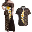 Brown-polynesia-couples-matching-off-shoulder-maxi-dress-and-hawaiian-shirt-plumeria-tropical-leaves