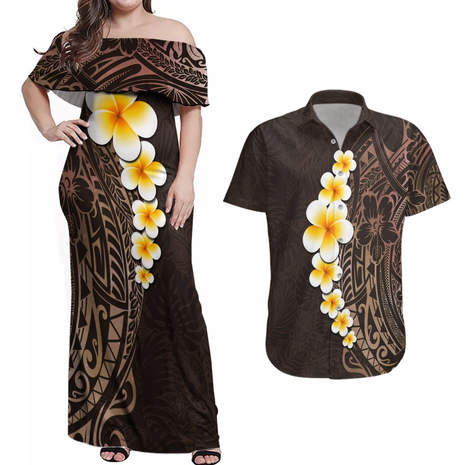 Brown-polynesia-couples-matching-off-shoulder-maxi-dress-and-hawaiian-shirt-plumeria-tropical-leaves