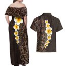 Brown-polynesia-couples-matching-off-shoulder-maxi-dress-and-hawaiian-shirt-plumeria-tropical-leaves