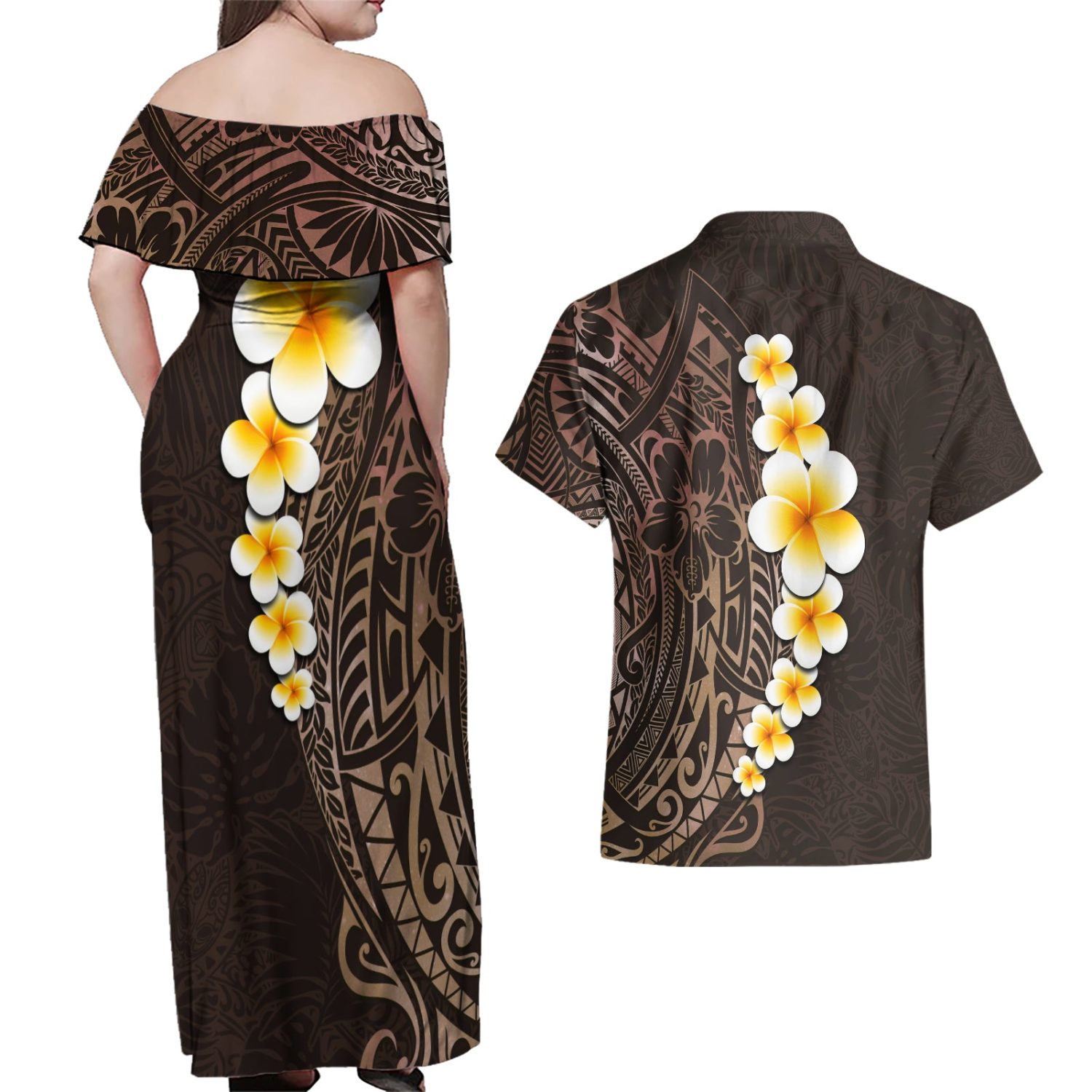 Brown-polynesia-couples-matching-off-shoulder-maxi-dress-and-hawaiian-shirt-plumeria-tropical-leaves - Image 2