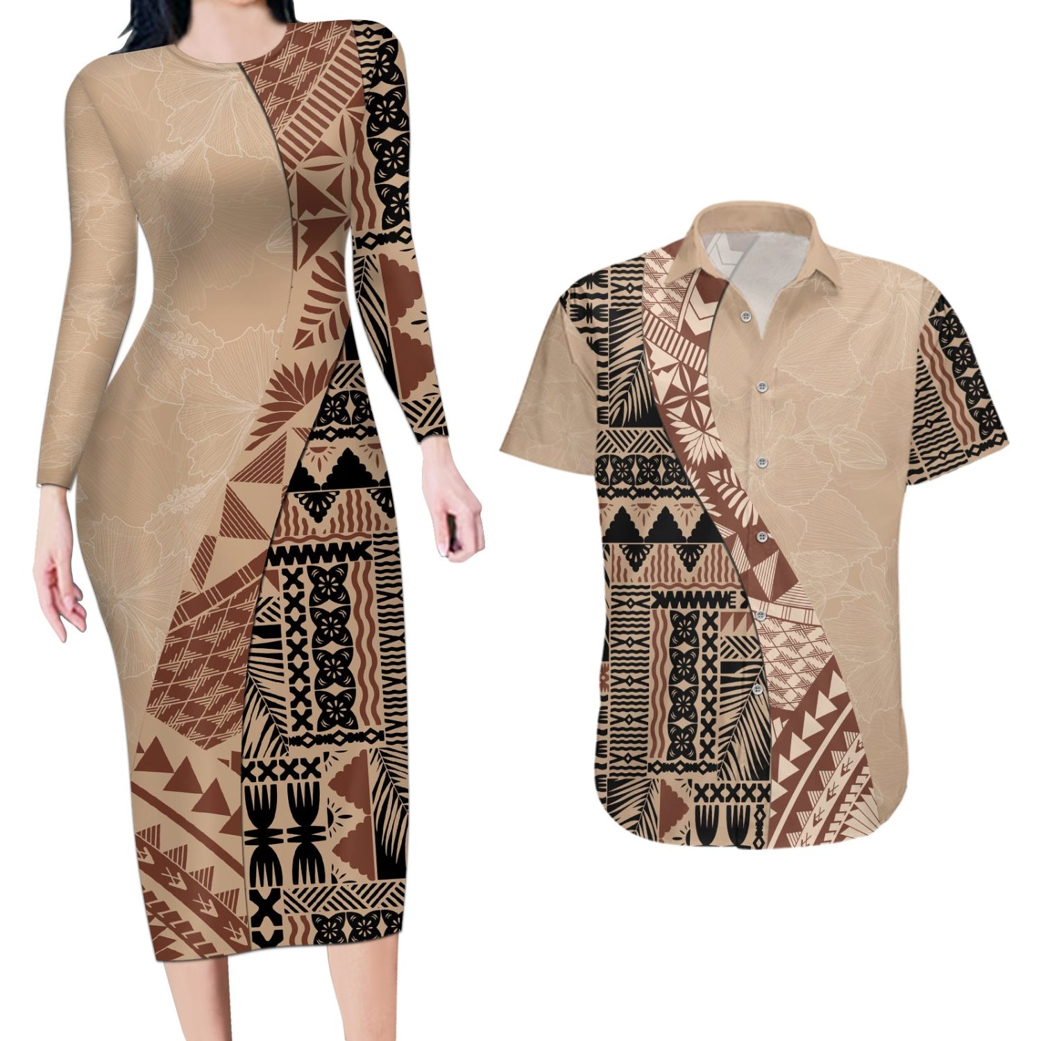 Bula-fiji-couples-matching-long-sleeve-bodycon-dress-and-hawaiian-shirt-tribal-masi-tapa-beige-lt7