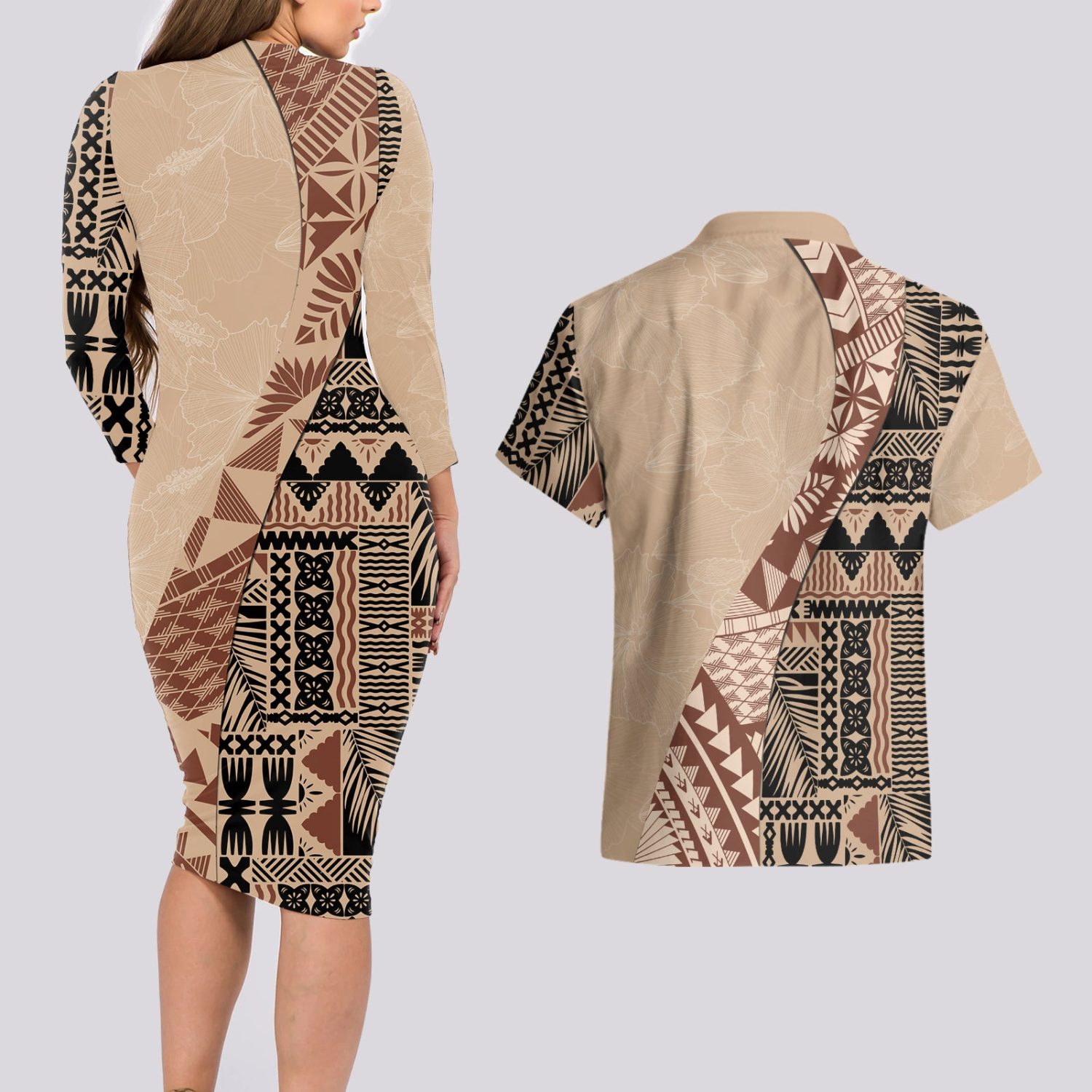 Bula-fiji-couples-matching-long-sleeve-bodycon-dress-and-hawaiian-shirt-tribal-masi-tapa-beige-lt7 - Image 2