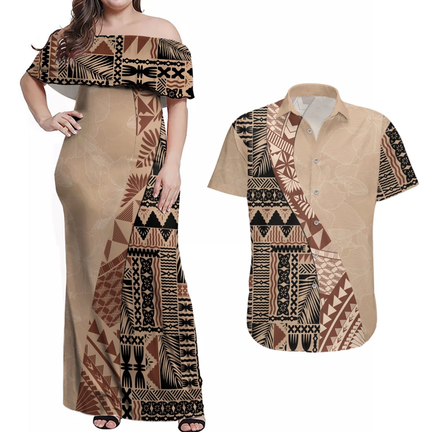 Bula-fiji-couples-matching-off-shoulder-maxi-dress-and-hawaiian-shirt-tribal-masi-tapa-beige-lt7