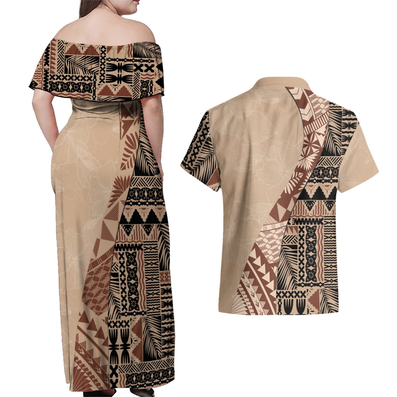 Bula-fiji-couples-matching-off-shoulder-maxi-dress-and-hawaiian-shirt-tribal-masi-tapa-beige-lt7 - Image 2