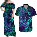 Custom-polynesian-couple-outfits-dress-and-hawaiian-shirt-purple-paradise-hawaiian-tribal-hammerhead