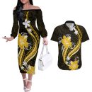 Gold-polynesian-pattern-with-tropical-flowers-couples-matching-off-the-shoulder-long-sleeve-dress-an