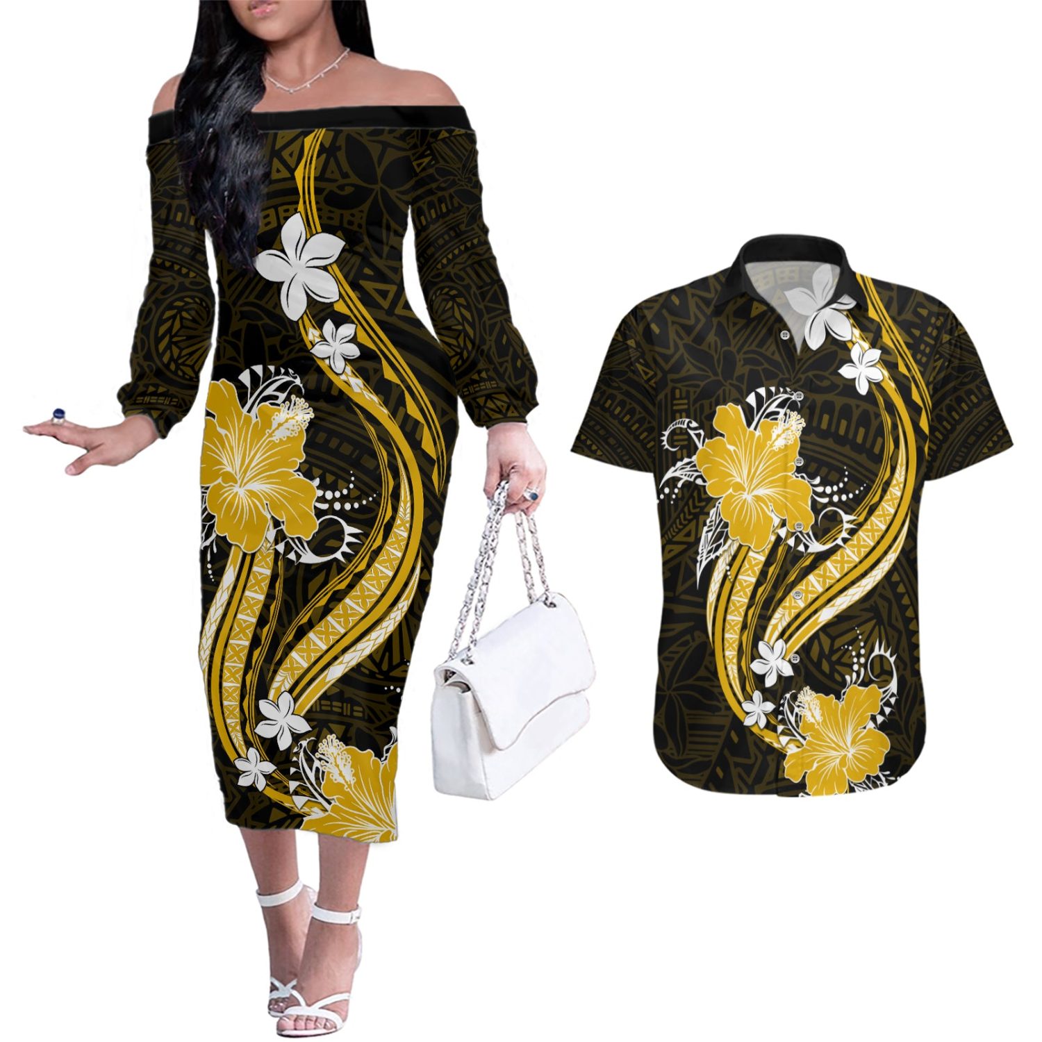 Gold-polynesian-pattern-with-tropical-flowers-couples-matching-off-the-shoulder-long-sleeve-dress-an