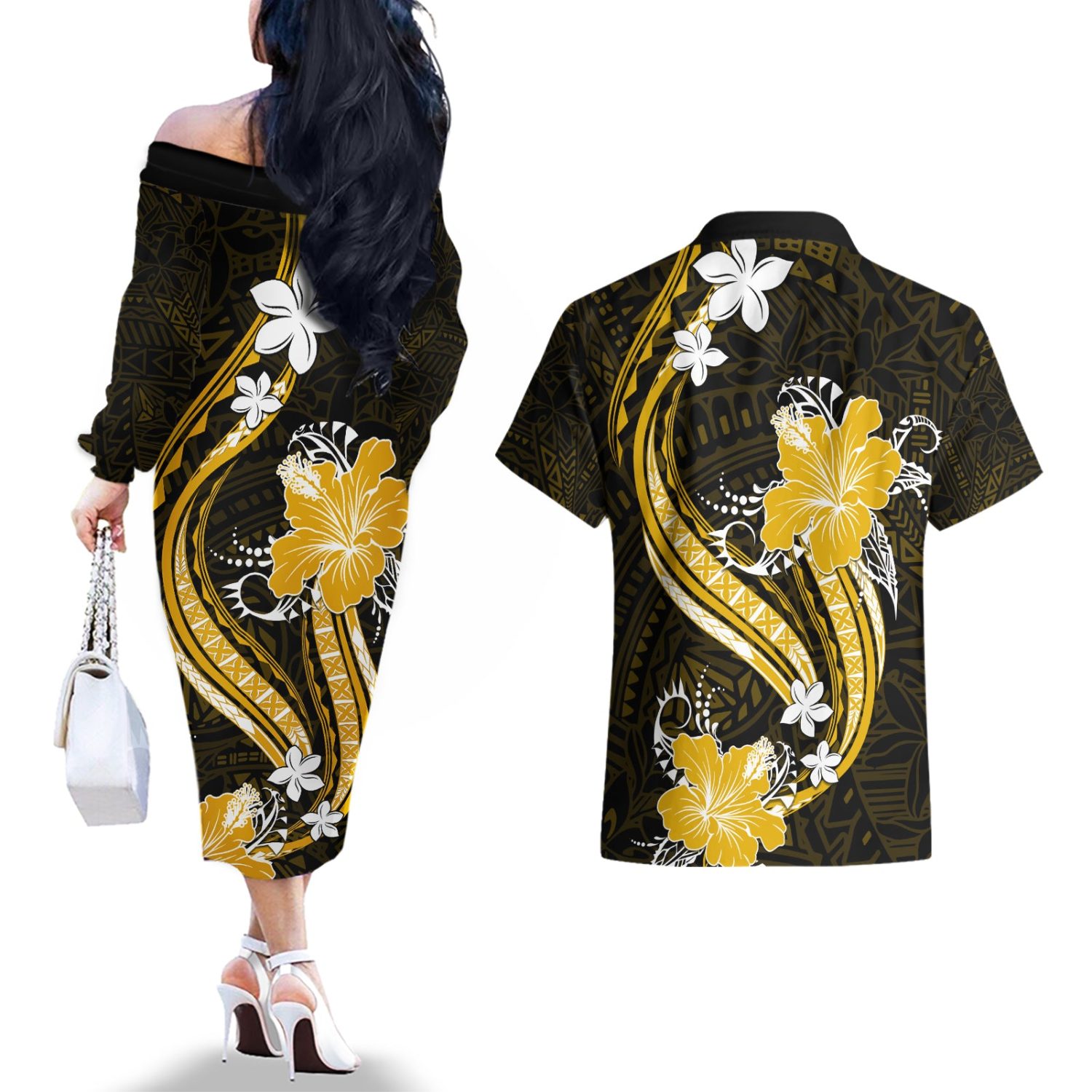 Gold-polynesian-pattern-with-tropical-flowers-couples-matching-off-the-shoulder-long-sleeve-dress-an - Image 2