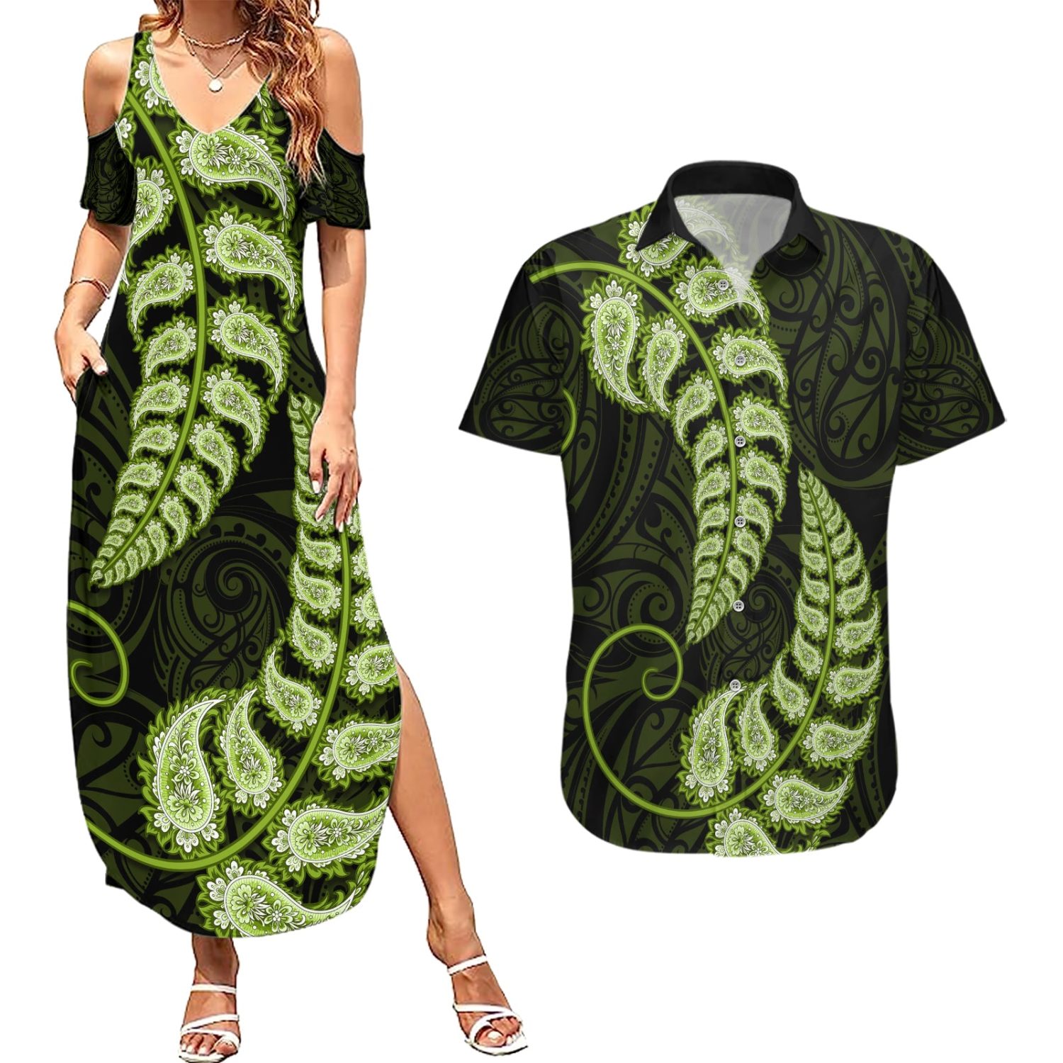 Green-new-zealand-paisley-silver-fern-couples-matching-summer-maxi-dress-and-hawaiian-shirt-aotearoa