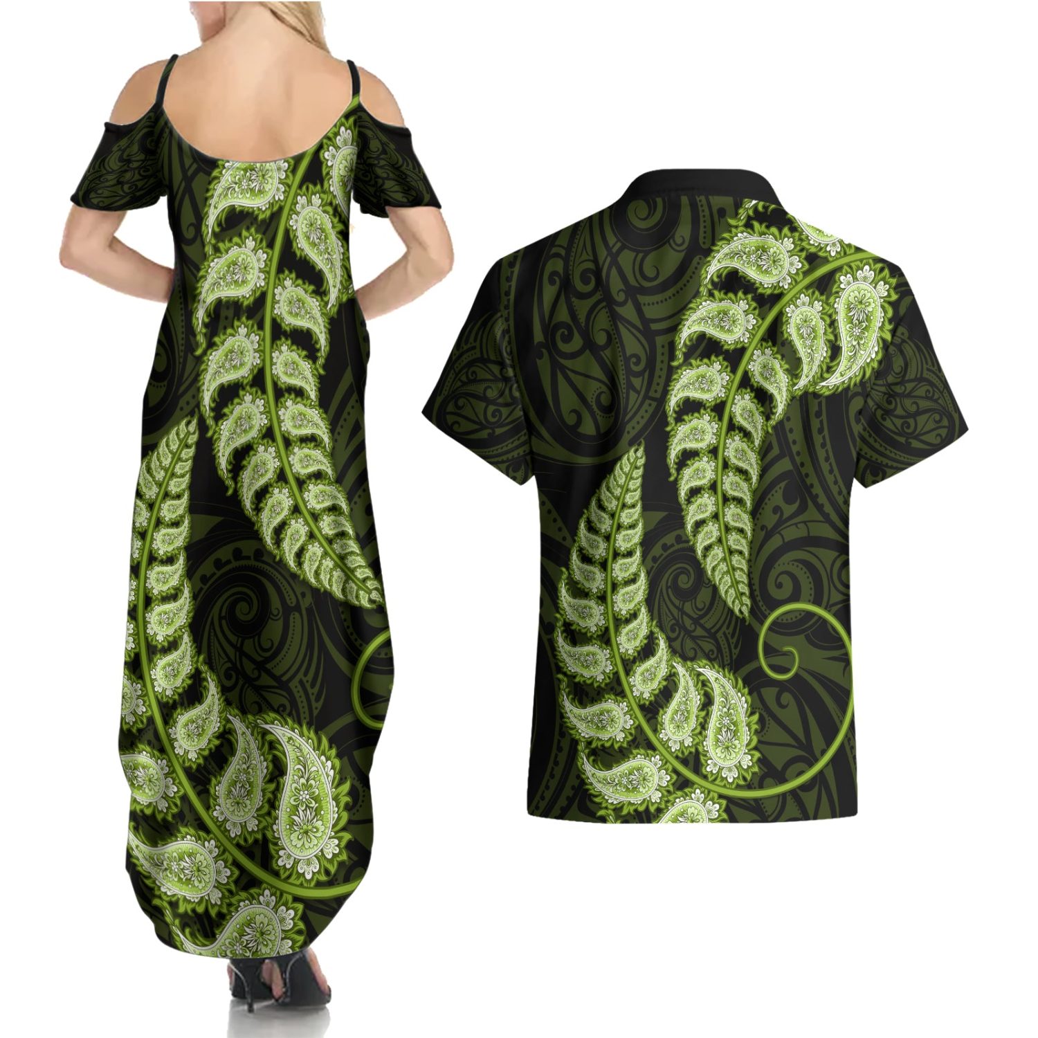 Green-new-zealand-paisley-silver-fern-couples-matching-summer-maxi-dress-and-hawaiian-shirt-aotearoa - Image 2