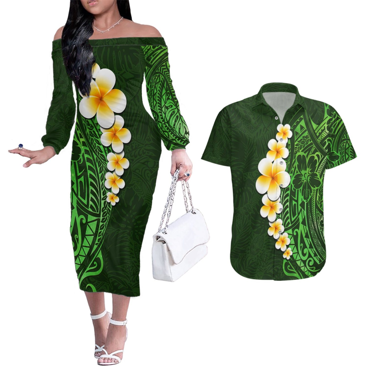 Green-polynesia-couples-matching-off-the-shoulder-long-sleeve-dress-and-hawaiian-shirt-plumeria-trop