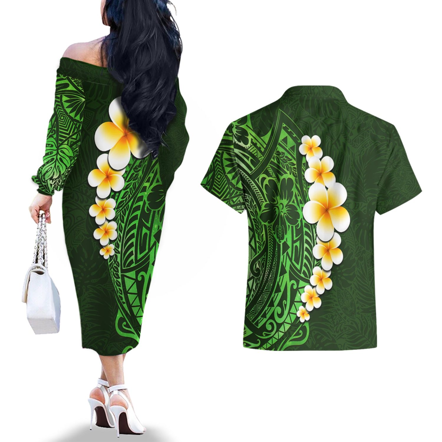 Green-polynesia-couples-matching-off-the-shoulder-long-sleeve-dress-and-hawaiian-shirt-plumeria-trop - Image 2