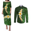 Green-polynesia-couples-matching-puletasi-dress-and-long-sleeve-button-shirt-plumeria-tropical-leave