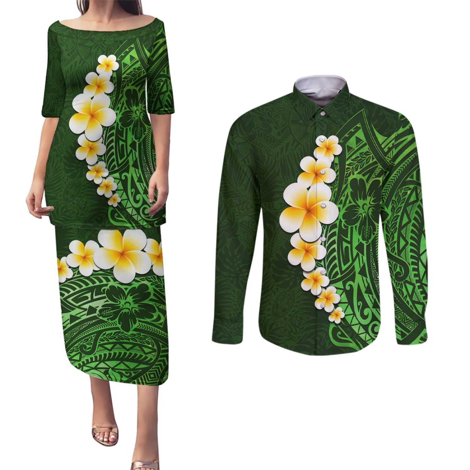 Green-polynesia-couples-matching-puletasi-dress-and-long-sleeve-button-shirt-plumeria-tropical-leave