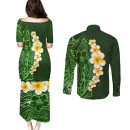 Green-polynesia-couples-matching-puletasi-dress-and-long-sleeve-button-shirt-plumeria-tropical-leave