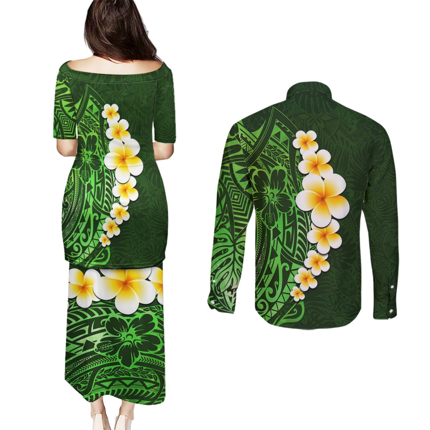 Green-polynesia-couples-matching-puletasi-dress-and-long-sleeve-button-shirt-plumeria-tropical-leave - Image 2
