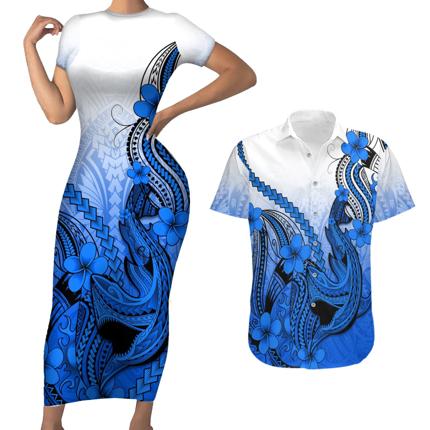 Hawaii Couples Matching Short Sleeve Bodycon Dress And Hawaiian Shirt Polynesian Shark Tattoo With P