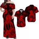 Hawaii Matching Polynesia Red Octopus Dress And Hawaiian Shirt Lt13